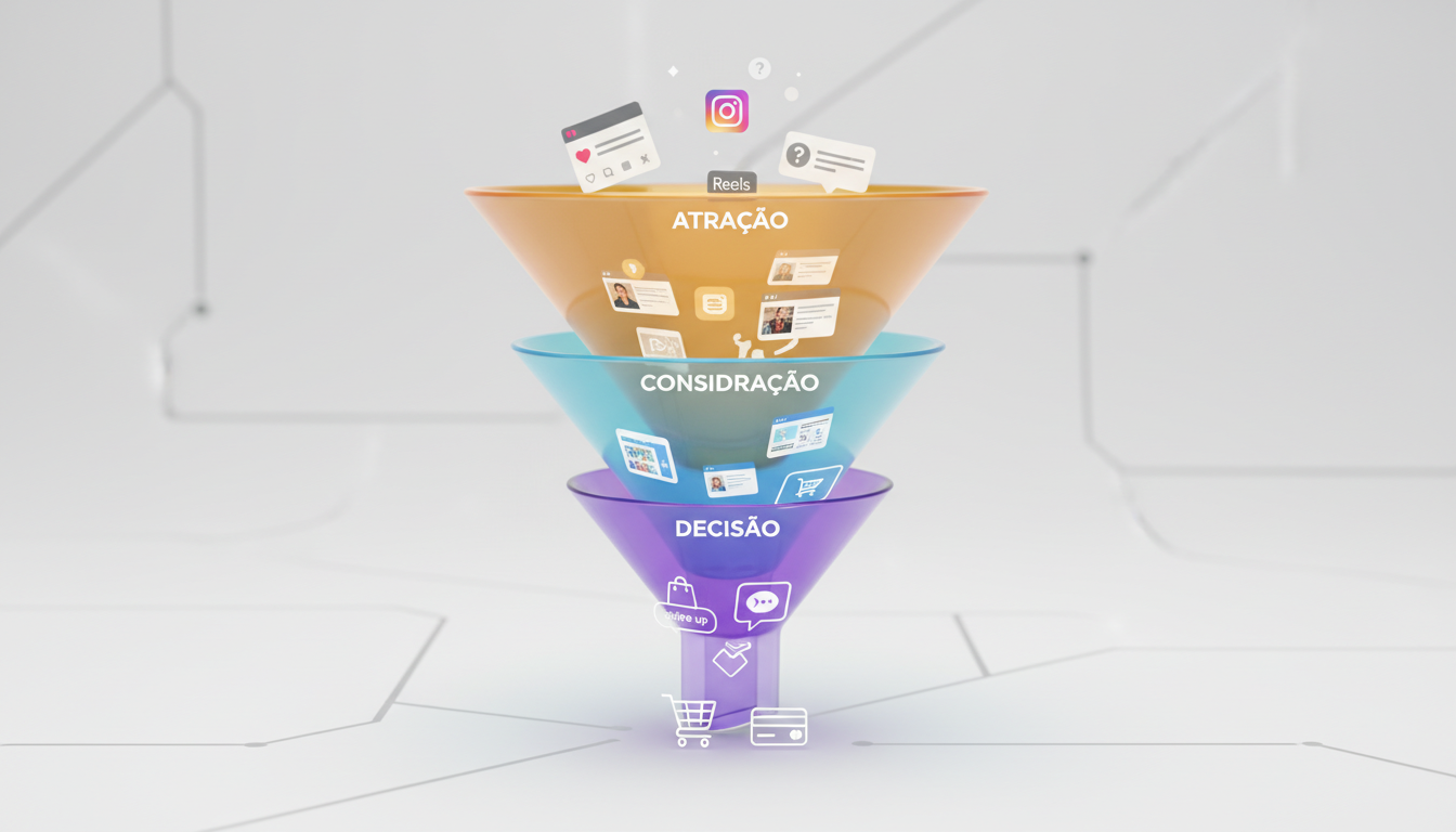 Gráfico explicativo mostrando um funil de vendas em três etapas com as nomenclaturas atração, consideração e decisão, aplicadas a diferentes tipos de postagens no Instagram