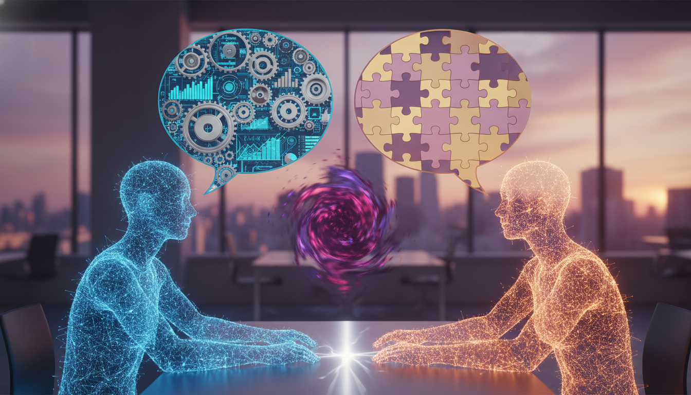 Ilustração mostrando duas pessoas conversando; a primeira possui um balão de fala repleto de engrenagens e gráficos técnicos representando o produto, e a segunda possui um balão de fala ilustrando um quebra-cabeça sendo montado, evidenciando a falha de comunicação empática entre marca e cliente.