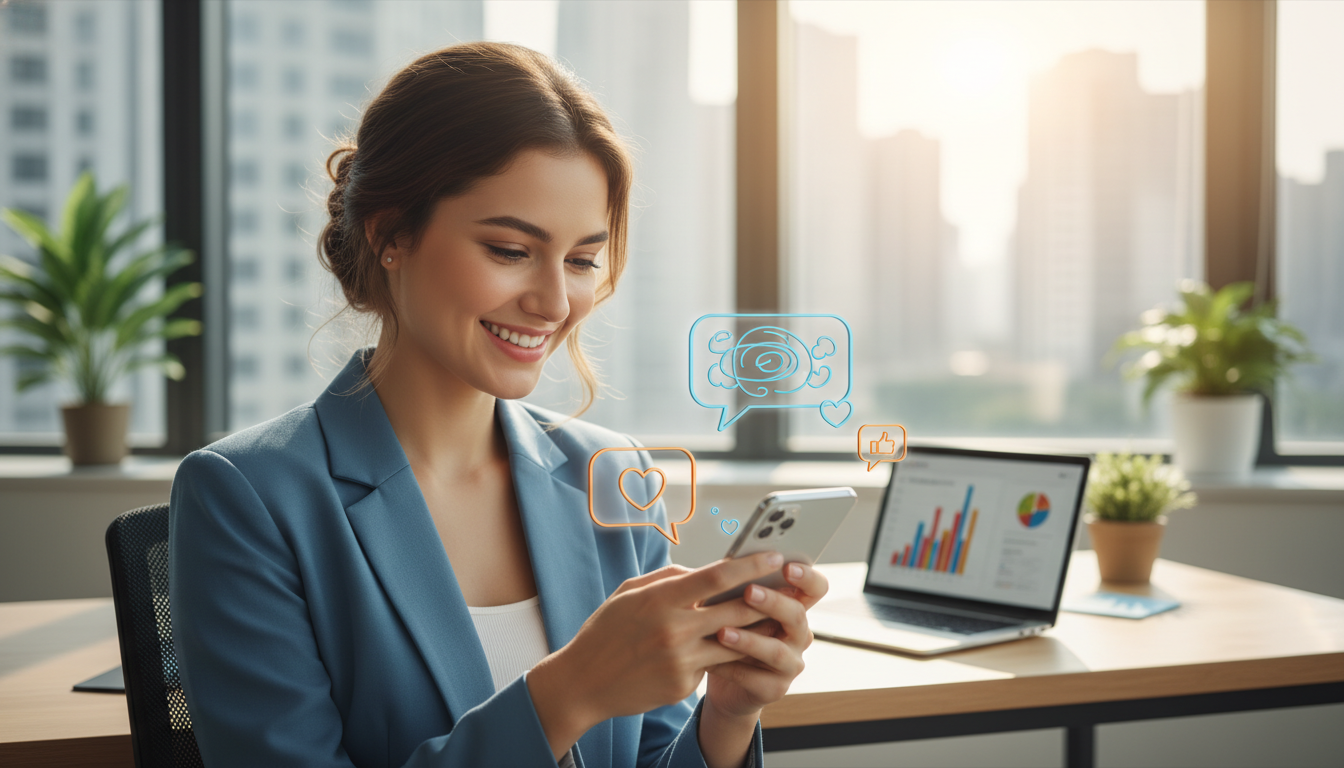 Uma pessoa sorridente em um escritório iluminado, segurando um smartphone e interagindo de forma atenciosa com comentários, com balões de conversa flutuando ao redor do aparelho.