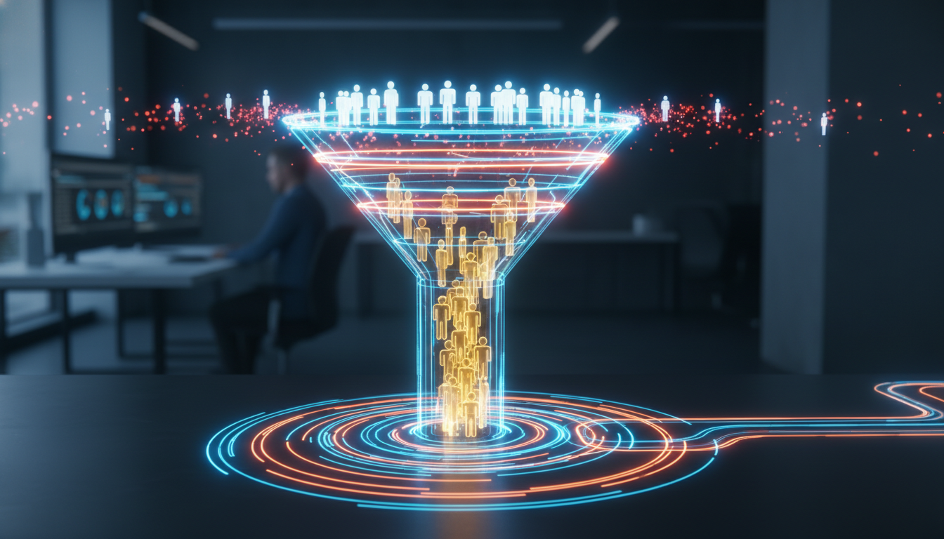 Um diagrama visual simples mostrando um funil, onde visitantes entram pelo topo e saem como leads no fundo, simbolizando automação de marketing.