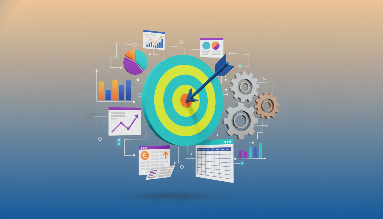 Ilustração moderna de um alvo com uma flecha perfeitamente no centro, cercado por ícones de análise de dados, engrenagens e planilhas financeiras em estilo flat design