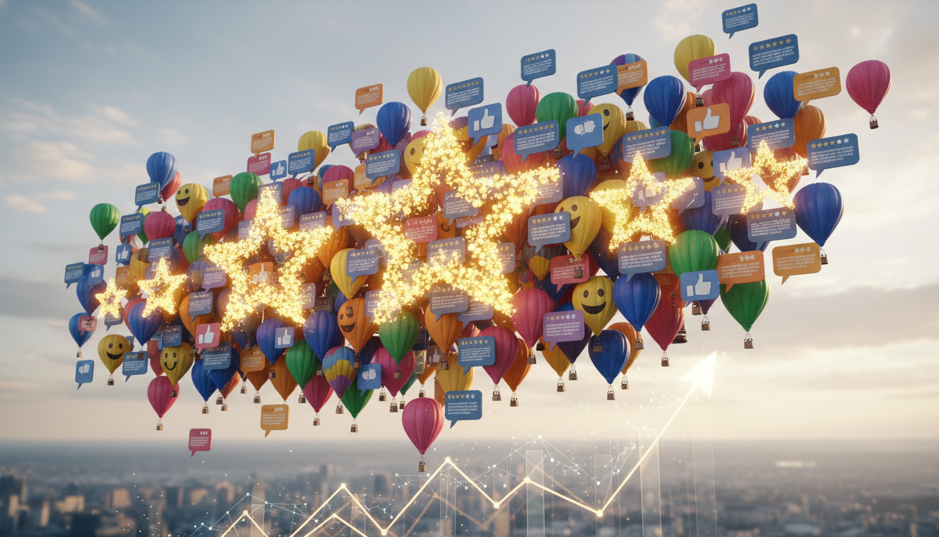 Um mosaico de balões de mensagens com avaliações positivas de clientes, com cinco estrelas em destaque