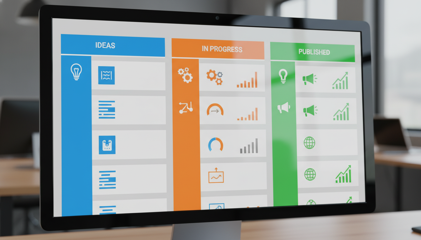 Uma visão aproximada de uma tela de computador mostrando uma ferramenta visual de gestão de projetos com colunas indicando ideias, em andamento e publicado.