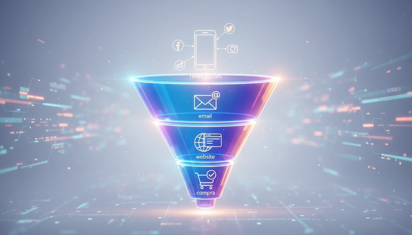 Gráfico de funil de vendas com design moderno, exibindo ícones digitais como celular, redes sociais, email e website em cada etapa do funil, indicando a jornada de compra do consumidor digital.