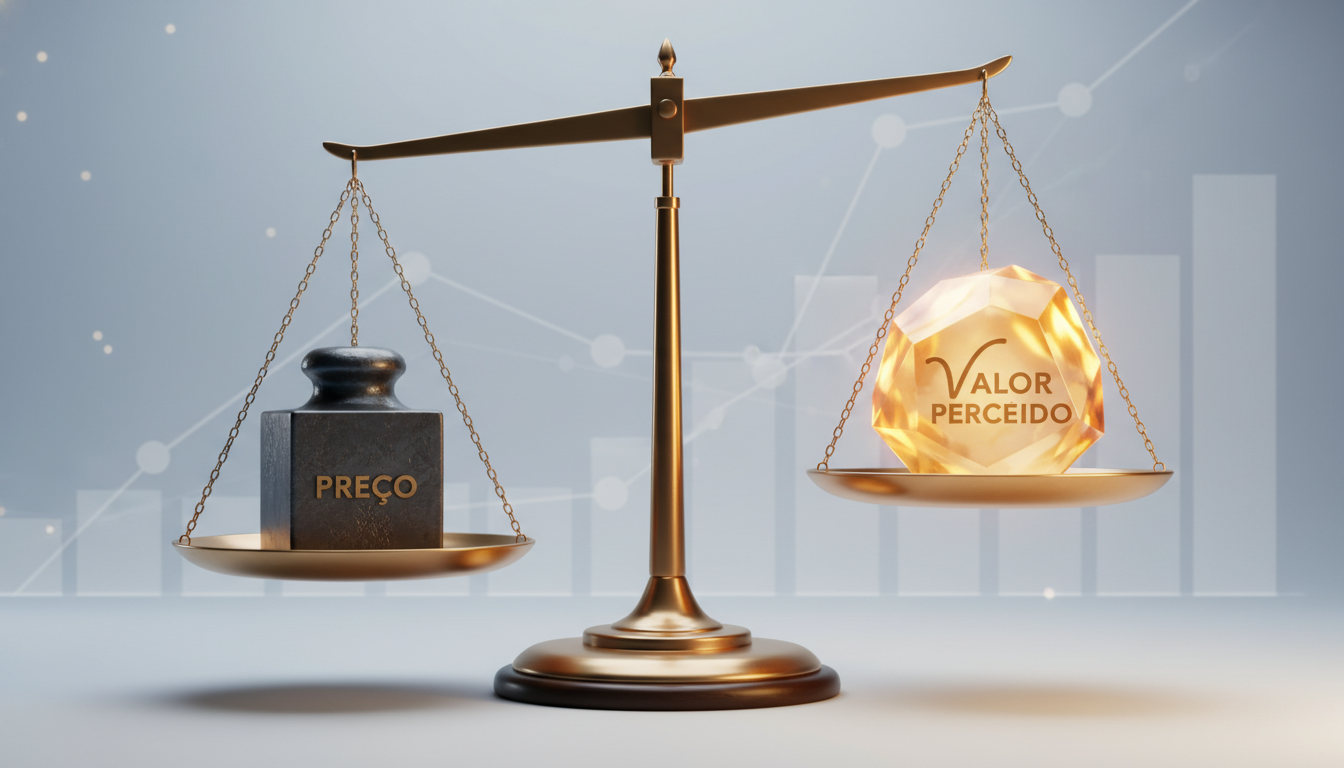 Ilustração didática de uma balança. De um lado, um peso representando o Preço e do outro, um peso maior e mais brilhante representando o Valor Percebido, com um fundo neutro e profissional.