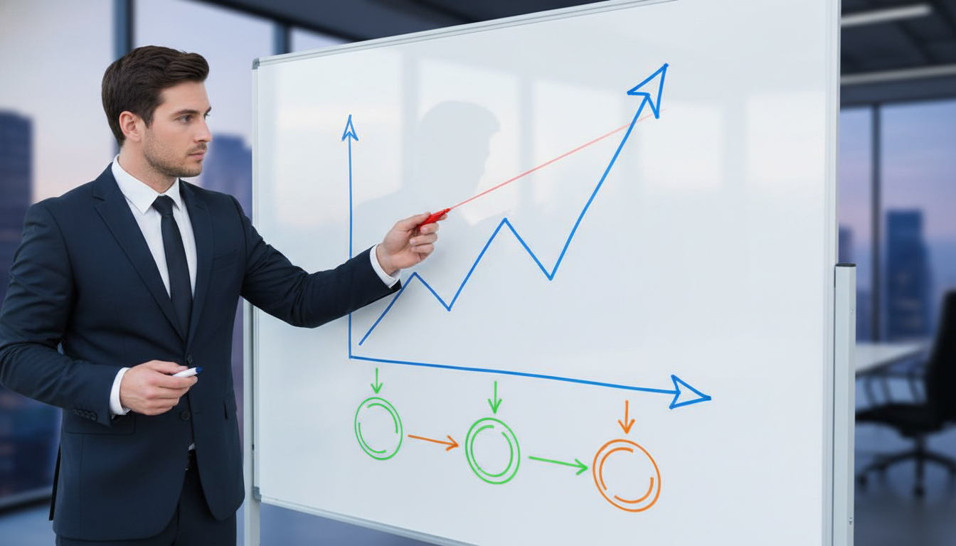 Um gráfico de linha ascendente em uma lousa corporativa moderna, com um profissional apontando para o pico de crescimento, simbolizando planejamento, visibilidade e estratégia.