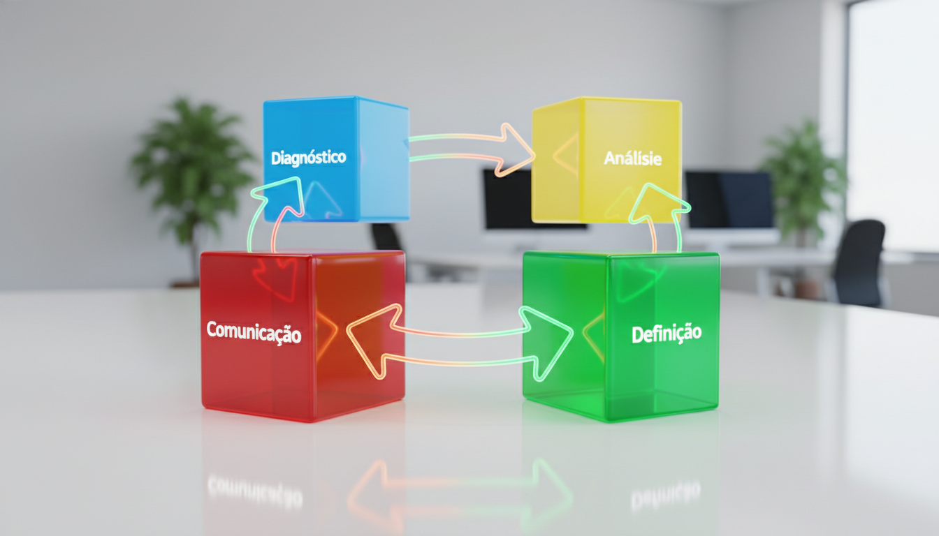 Um diagrama visual em blocos ilustrando as quatro etapas do posicionamento: 1. Diagnóstico, 2. Análise, 3. Definição, 4. Comunicação, conectados por setas contínuas formando um ciclo estratégico.