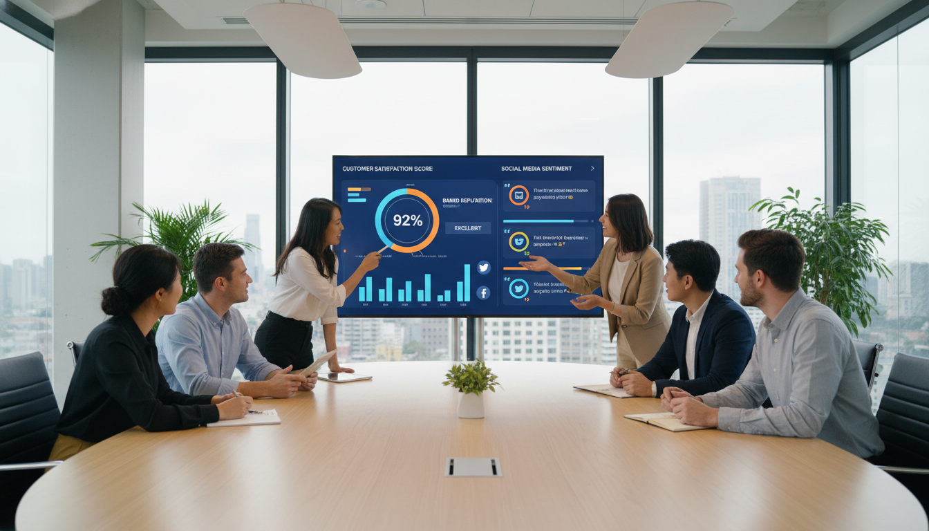 Uma equipe de marketing diversificada reunida ao redor de uma grande mesa em uma sala de conferências moderna, analisando em uma tela digital interativa diversas métricas de satisfação do cliente, dados de reputação de marca e feedbacks positivos recolhidos de redes sociais.